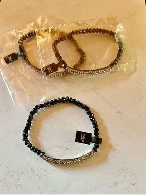 Crystal Pavé Bar with Black Beads  Stretch Bracelet